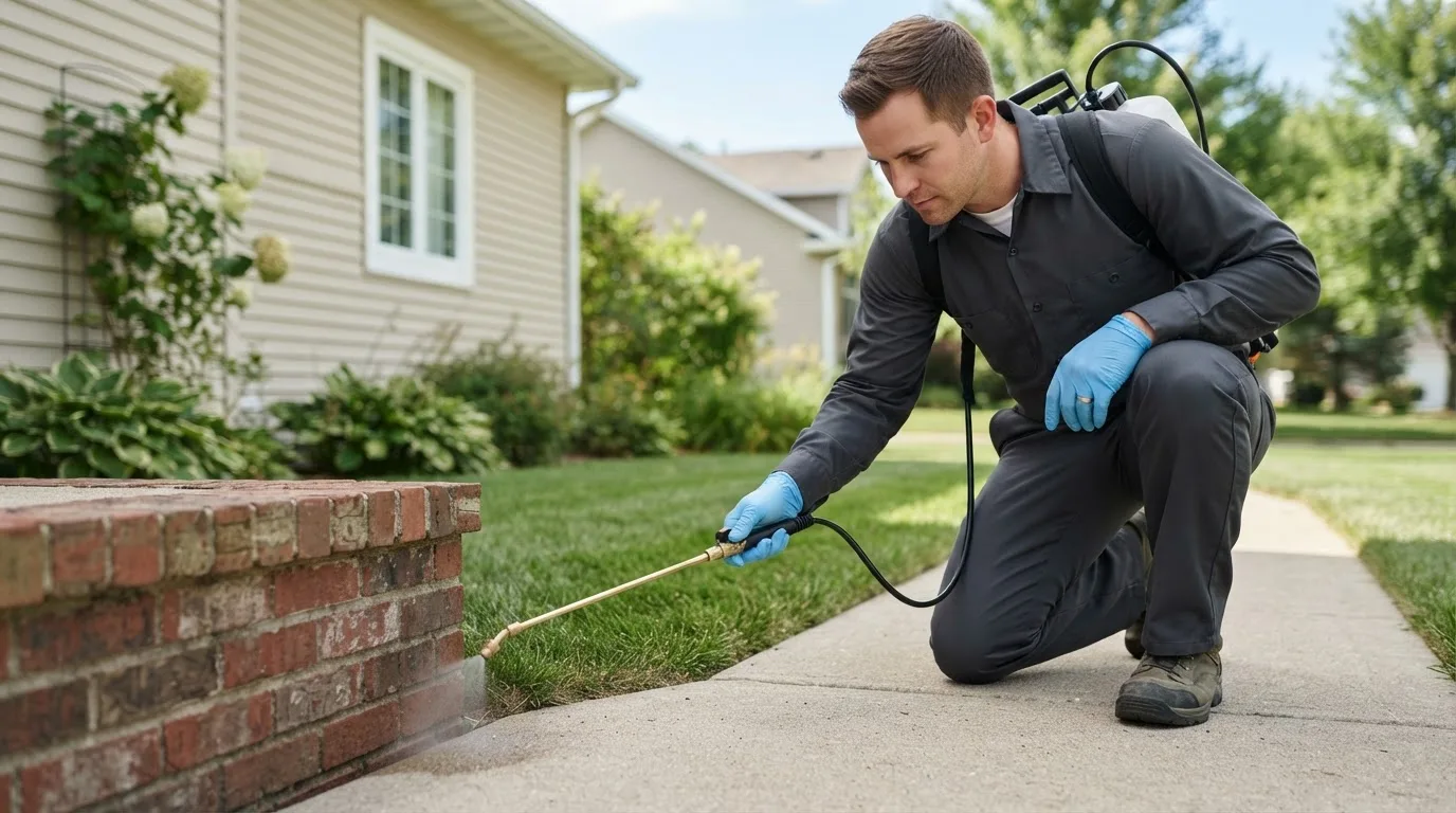 Pest control technician treating a home near Arcola, IN