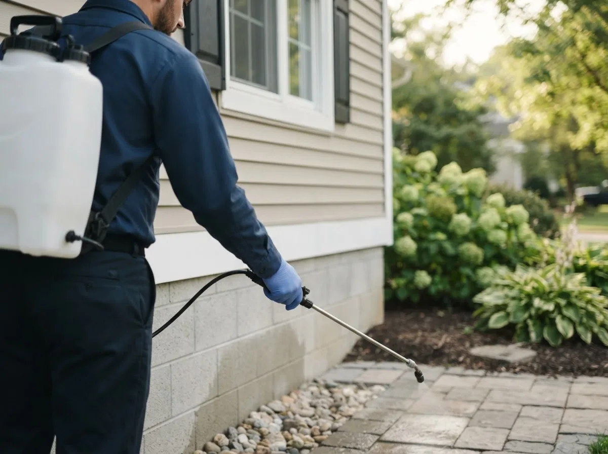 Pest control technician inspecting a home in Arcola, IN